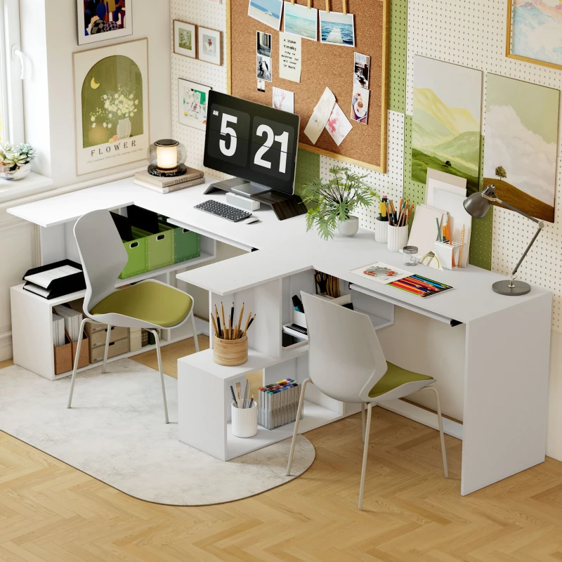 HOMCOM Scrivania Angolare Moderna con Ripiano Scorrevole per Tastiera e Scaffale a 4 Ripiani, Bianco