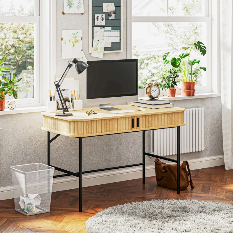 HOMCOM Bureau d'ordinateur table de bureau informatique portes à tambour à lattes 2 compartiments 120 x 60 cm ton chêne et noir