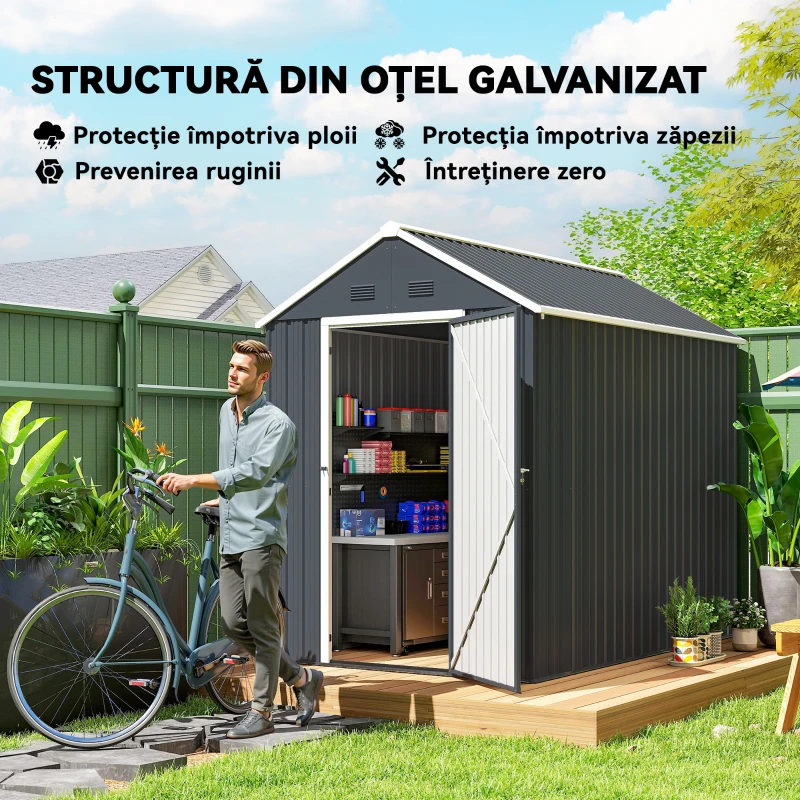 Outsunny Magazie de Gradina din Otel Galvanizat si PP cu 4 Guri de Aerisire si Fereastra, 259x171x222 cm, Gri si Alb(m-4)