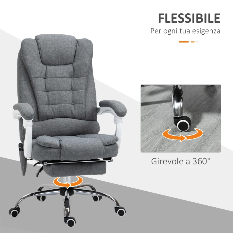 Vinsetto Poltrona da Ufficio con Telecomando e 6 Punti di Massaggio, in Tessuto misto velluto e lino, 67x79x111-121 cm, Grigio
