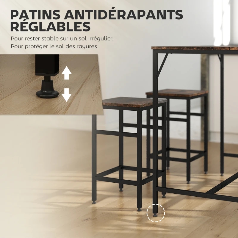 HOMCOM Ensemble table de bar industriel + 4 tabourets repose-pieds en bois couleur chêne cadre en métal noir