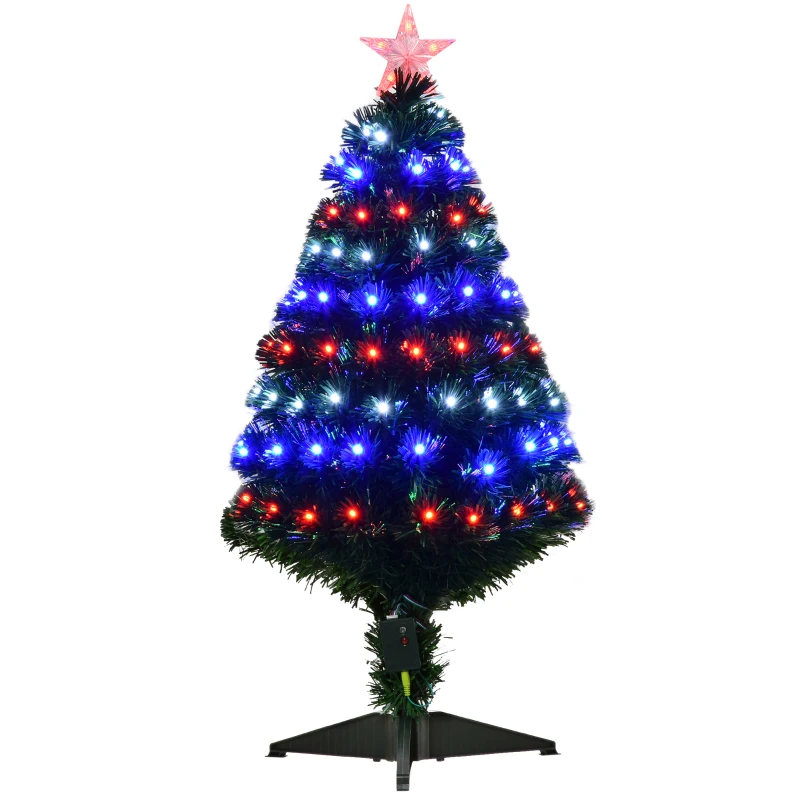 HOMCOM Albero di Natale Artificiale 90cm in Plastica con 90 Luci LED e Fibre Ottiche, 90 Rami e Base Pieghevole, Verde