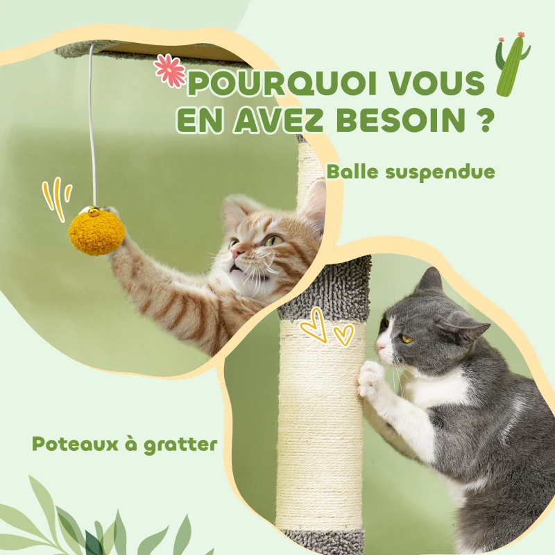 PawHut Arbre à chat, hauteur 275 cm, 6 niveaux pour chat d'intérieur, du sol au plafond, avec plate-formes, niche, gris clair