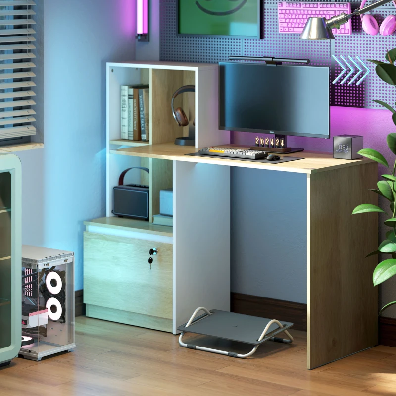 HOMCOM Scrivania per computer con libreria 4 scomparti e cassetto con serratura, 126 x 50 x 109 cm, rovere e bianco