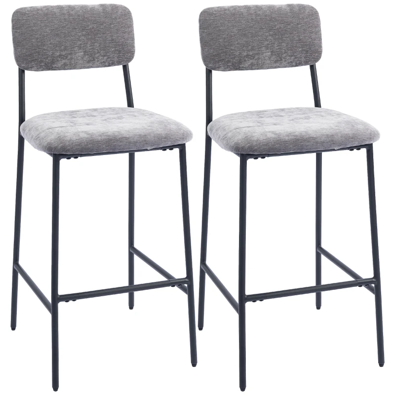 HOMCOM Set of 2 Chenille Fabric Bar Stools, Padded Bar Chairs, Wide Seat, High Back, 45.5x48x101cm, Grey