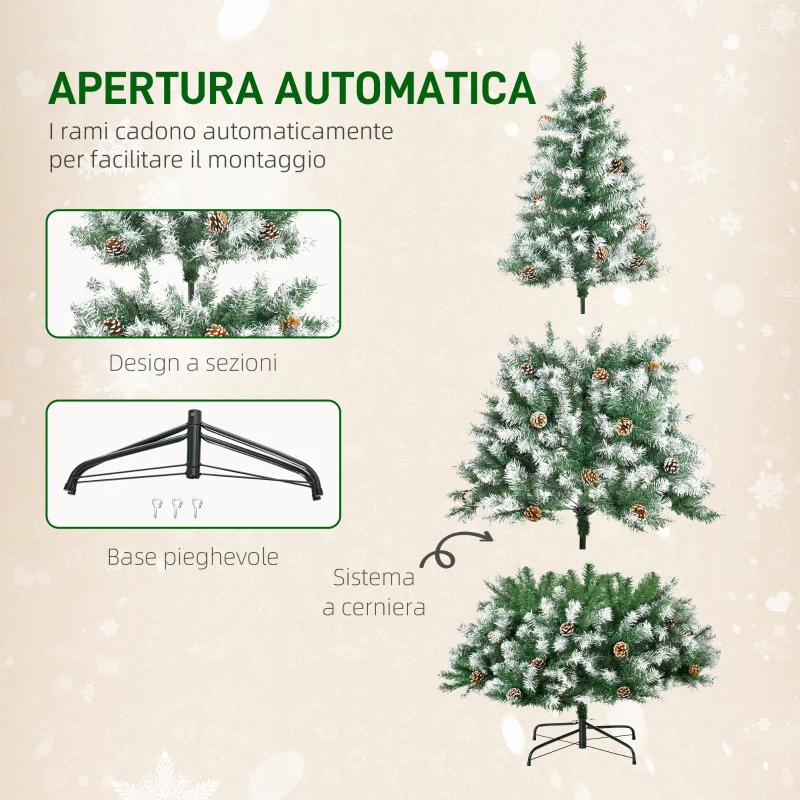 HOMCOM Albero di Natale Artificiale Innevato 180cm con 800 Rami e Pigne, Apertura Automatica e Base Pieghevole, Verde