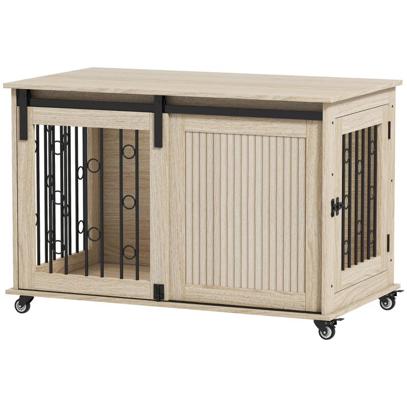 PawHut Jaula para Perros Medianos y Grandes Mesa Auxiliar Moderna con 2 Puertas y Cierre 100x56x65 cm Roble