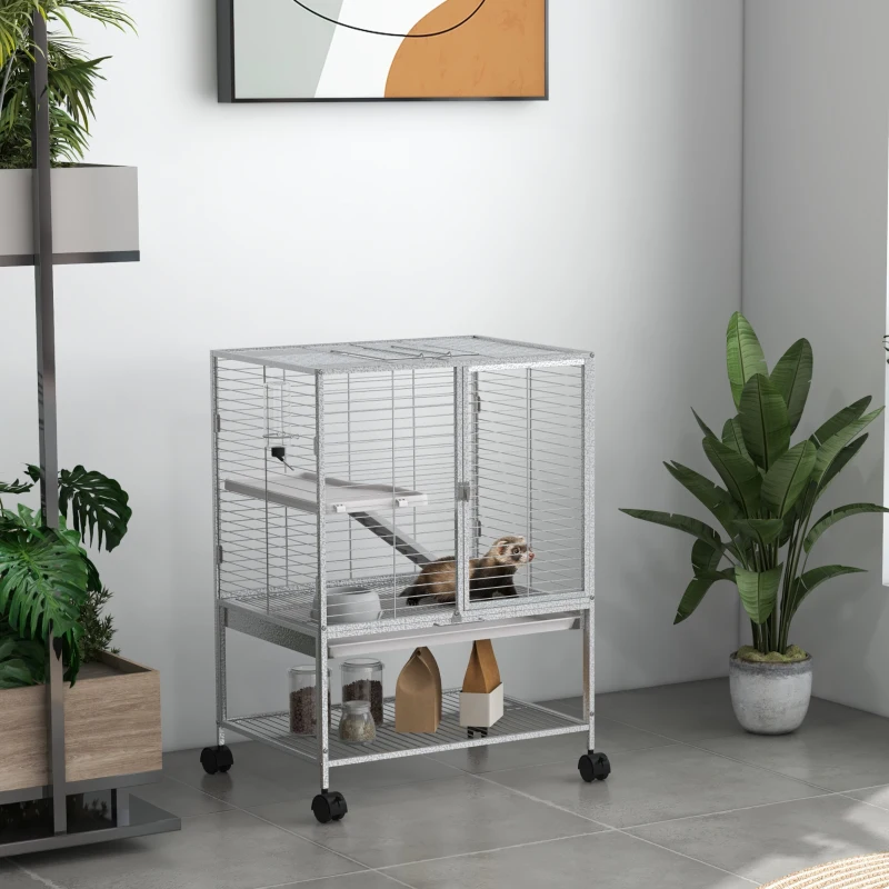PawHut Cage pour petits animaux sur roulettes 2 niveaux avec 2 portes, 1 rampe, 1 étagère de rangement 61,5 x 44,5 x 86 cm gris