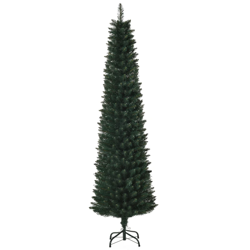 HOMCOM Albero di Natale Slim Alto 180cm con Base Pieghevole, Albero di Natale Artificiale con 380 Rami, in PVC e Metallo, Verde