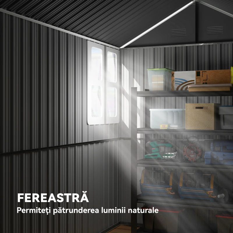 Outsunny Magazie de Gradina din Otel Galvanizat si PP cu 4 Guri de Aerisire si Fereastra, 259x171x222 cm, Gri si Alb(m-5)