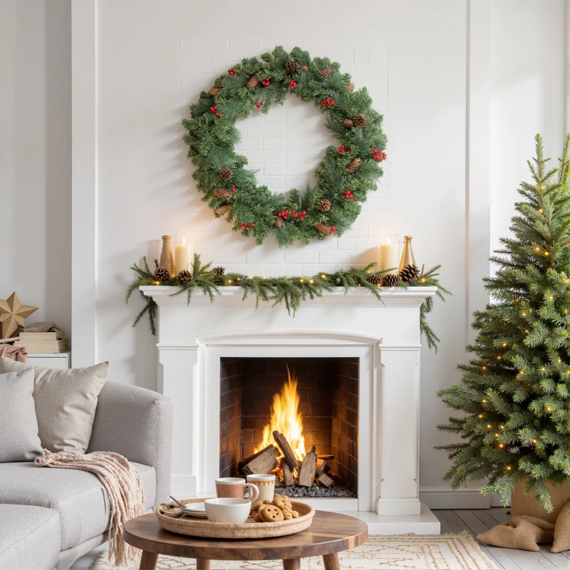 HOMCOM Guirlande de Noël artificielle 180 cm, décoration de Noël, 162 branches denses, pommes de pin, grappes de baies, vert