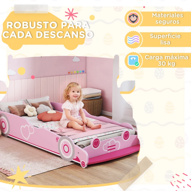 AIYAPLAY Cama Infantil 70x140 cm con Barrera Anticaídas y Somier Cabecero en Forma de Coche Rosa