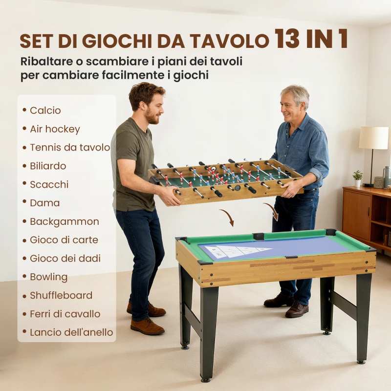 SPORTNOW Tavolo da Gioco 13 in 1 con Calciobalilla, Ping Pong, Air Hockey, Biliardo, Scacchi e Altri, Noce