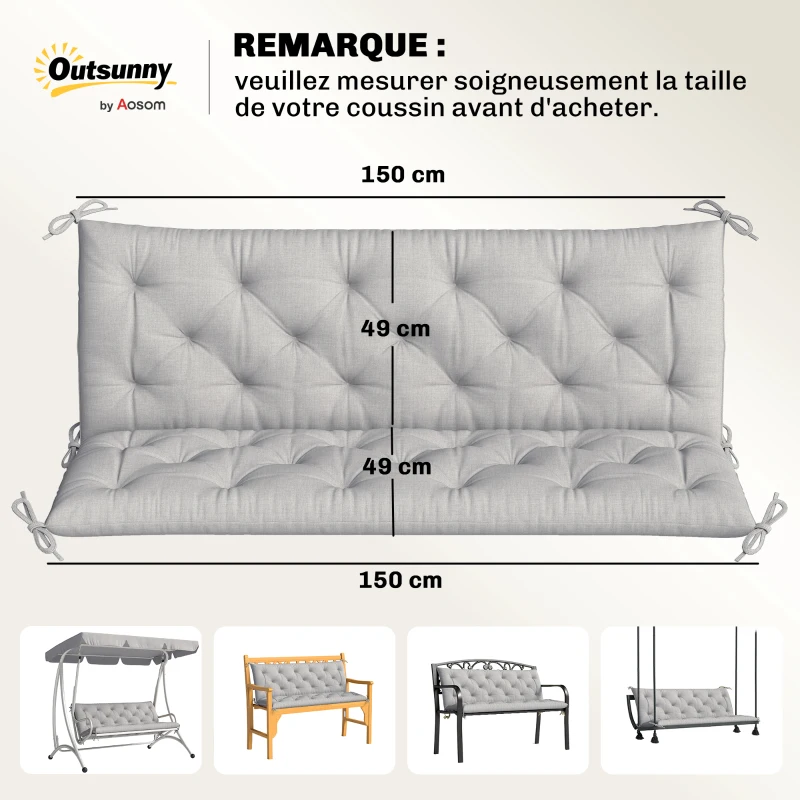 Outsunny Coussin matelas assise dossier pour banc de jardin balancelle canapé 3 places grand confort 150 x 98 x 8 cm gris clair