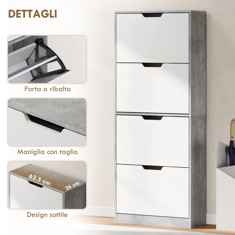 HOMCOM Scarpiera Salvaspazio Moderna a 4 Ante per 16 Paia di Scarpe, 62.5x26x156 cm, Grigio Cemento