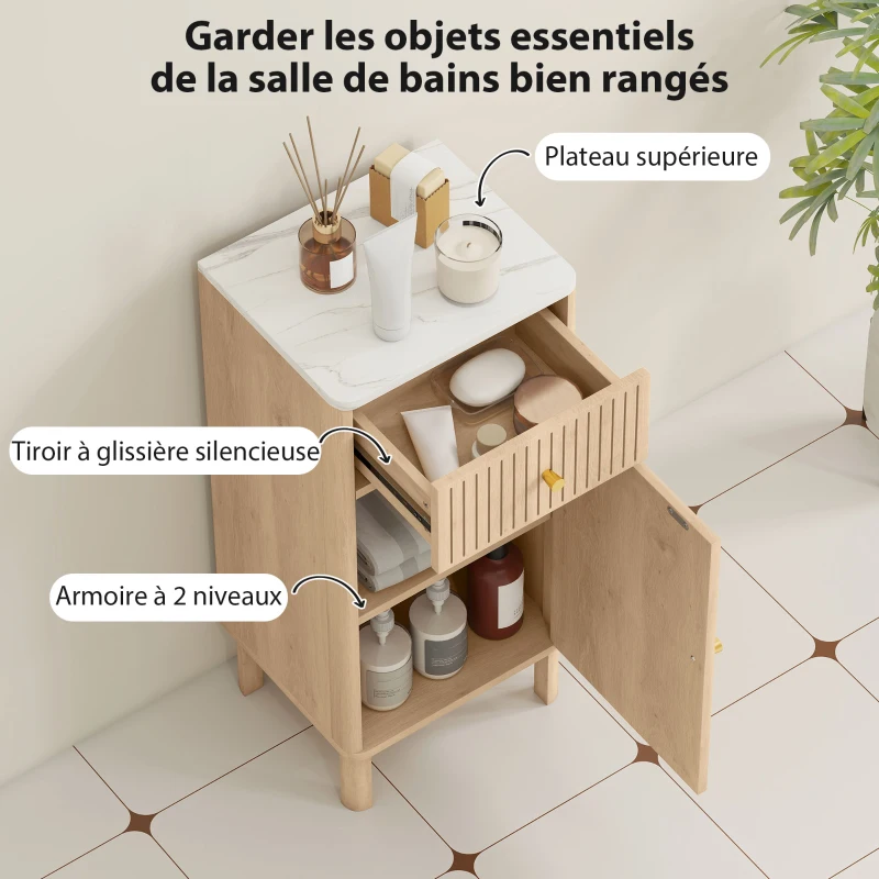 HOMCOM Meuble de salle de bain, meuble de rangement avec plateau effet marbre et porte rainurée, tiroir 36 x 30 x 80 cm, chêne