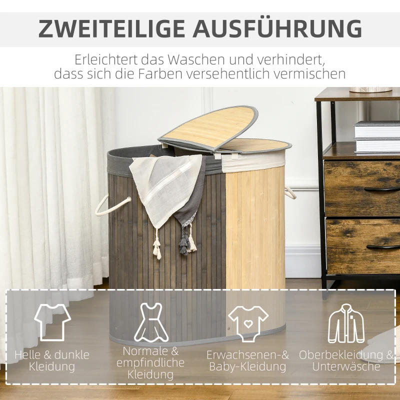 HOMCOM 100 L Wäschekorb mit Deckel, Griff, 2 Abschnitte, herausnehmbarer Wäschesack, für Schlafzimmer, Bambus Grau+Natur