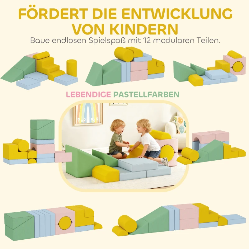 AIYAPLAY Softbaustein-Set für Kinder, 12-teiliges Stoffblock-Set, Schaumstoff, Cordbezug, waschbar, Pastellbunt