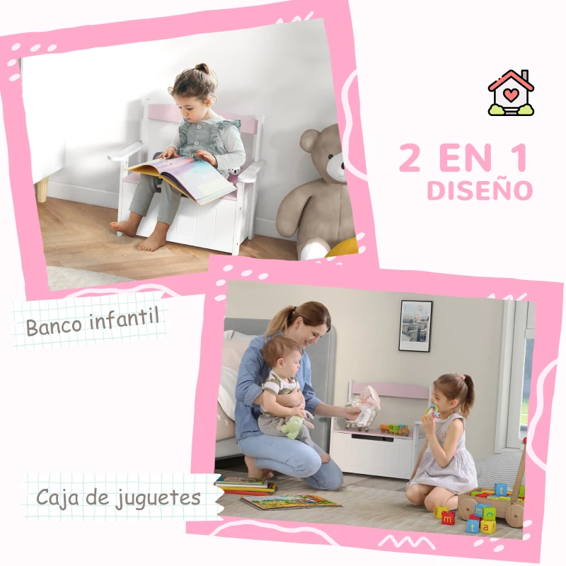 AIYAPLAY Banco Almacenaje para Niños con Respaldo Tapa Amortiguadora Carga 30 kg para Salas de Juego 68,5x34x58 cm Rosa y Blanco