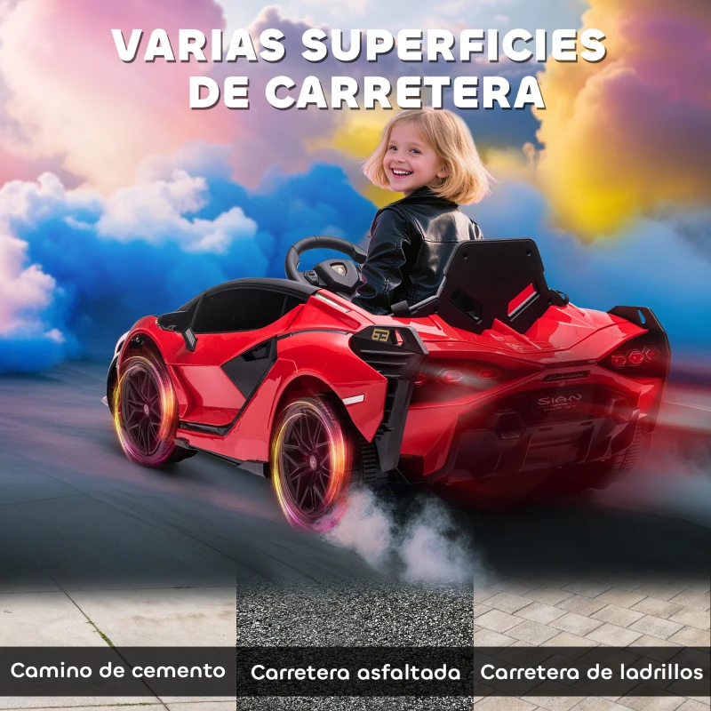 HOMCOM Coche Eléctrico para Niños de +3 Años Lamborghini SIAN Coche de Batería 12V con Mando a Distancia Apertura de Puerta Música MP3 USB y Faros 3-5 km/h 108x62x40 cm Rojo