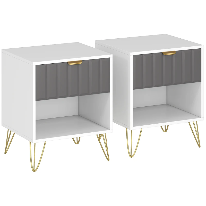 HOMCOM Nachttisch, Beistelltisch mit offenem Fach, Schublade und Griff, Stahlbeine, 45 x 40 x 55, blanc