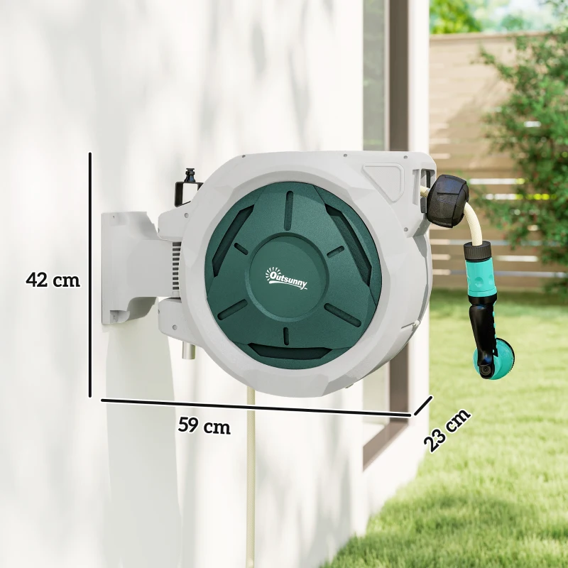 Outsunny Retractable Hose Reel Wall Mounted, 30+2m Garden Hose Pipe Reel with Lock, Auto Rewind, 7 in 1 Spray Nozzle, Includes Wall Fixings, 180° Swivel, Outdoor Watering, Grey