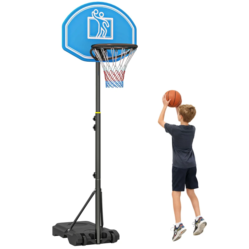 HOMCOM Canestro Basket con Altezza Regolabile 197.5-245cm, Base con Ruote e Tabellone, Blu