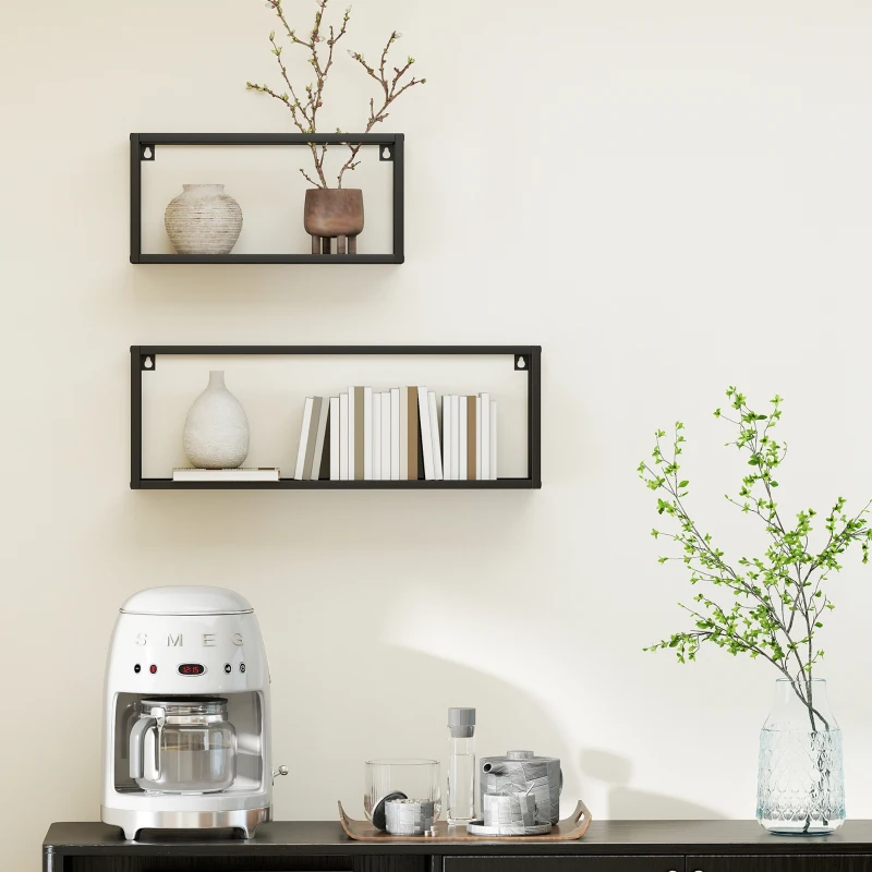 HOMCOM Zestaw 2 półek ściennych, udźwig 15 kg, do montażu na ścianie, stal, czarny