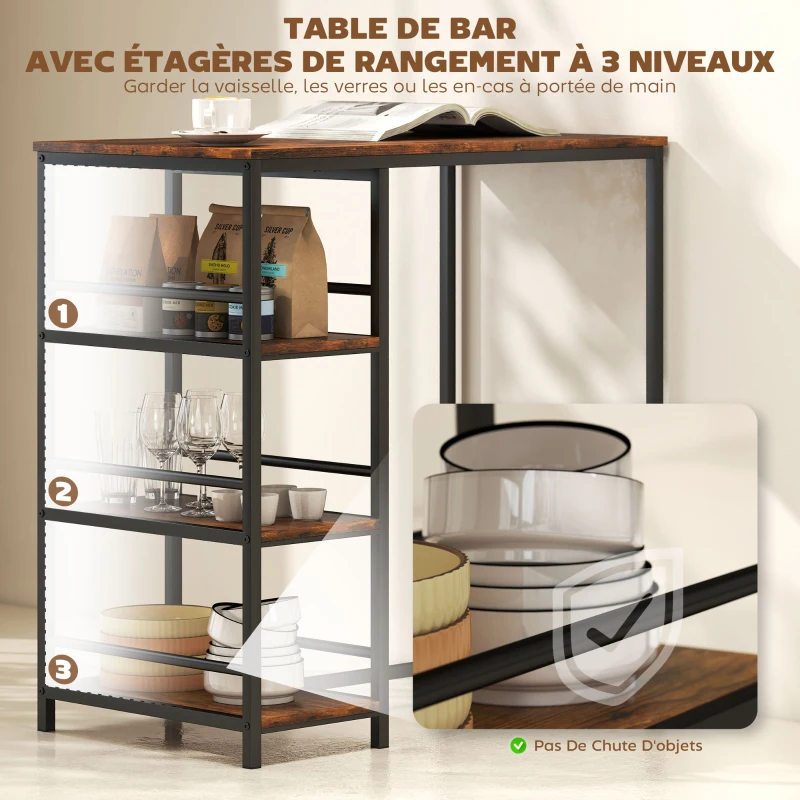 HOMCOM Table de bar mange-debout avec 3 étagères de rangement et cadre en acier, 90 x 50 x 90,5 cm, brun rustique, noir