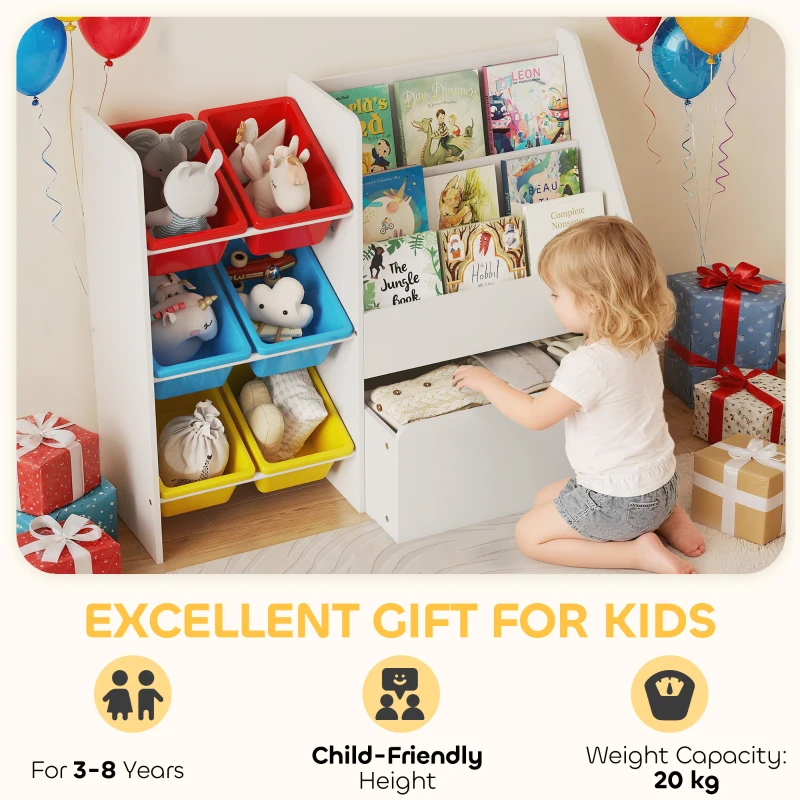 AIYAPLAY Toy Storage Unit, 3-Tier Toy Organiser Shelf with 6 Removable Storage Bins for Bedroom, Nursery, Multicolour