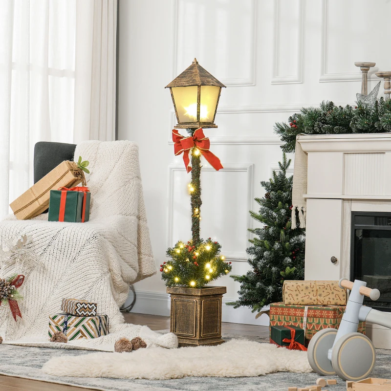 Outsunny Lampadaire de Noël lumineux LED de 1,25 m ornement décoration de Noël avec grappes de baies et nœud papillon