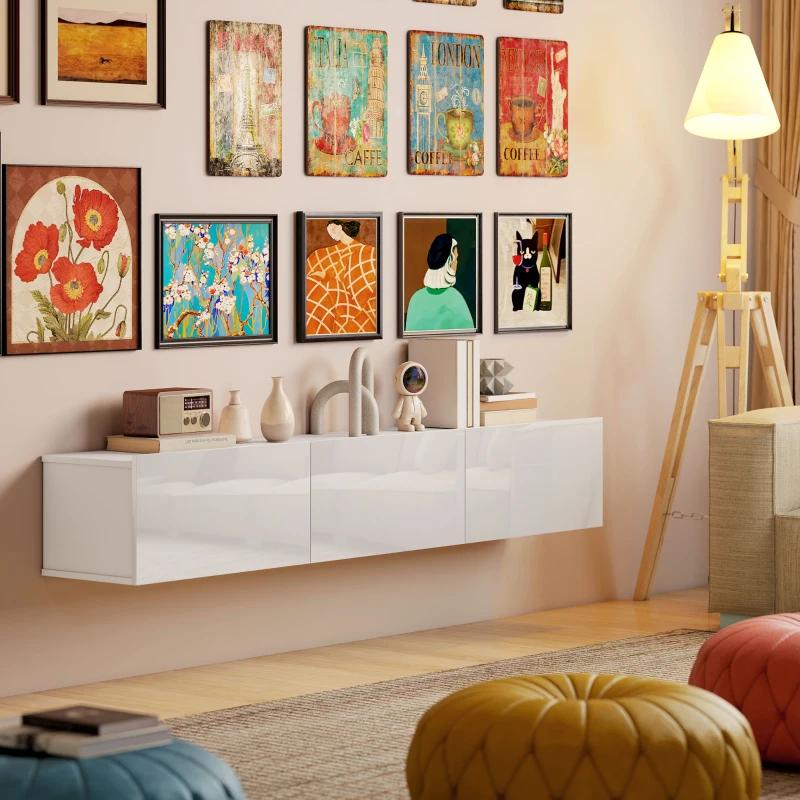 HOMCOM Wandhängendes TV-Möbel bis 208,3 cm mit 3 Klappen und Soft-Close, Weiß Hochglanz