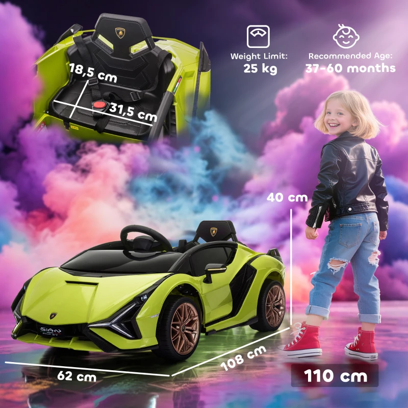 HOMCOM Lamborghini Sian Licensed 12V Electric Car for Kids 2 Motors Toy Car with Remote Control Music Lights MP3 for 3-5 Years Green