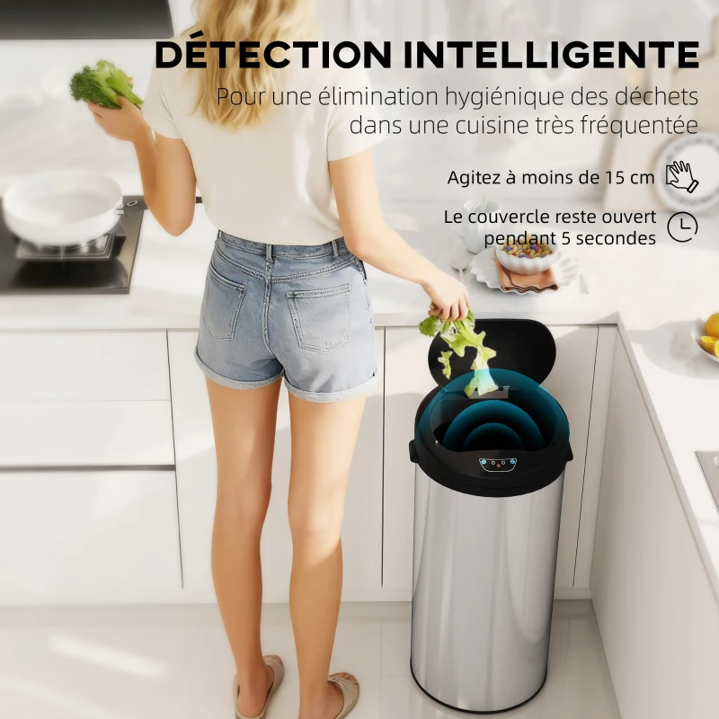 HOMCOM Poubelle de cuisine automatique 30 L en acier inoxydable, couvercle à fermeture en douceur, 32 x 30 x 68 cm, argent