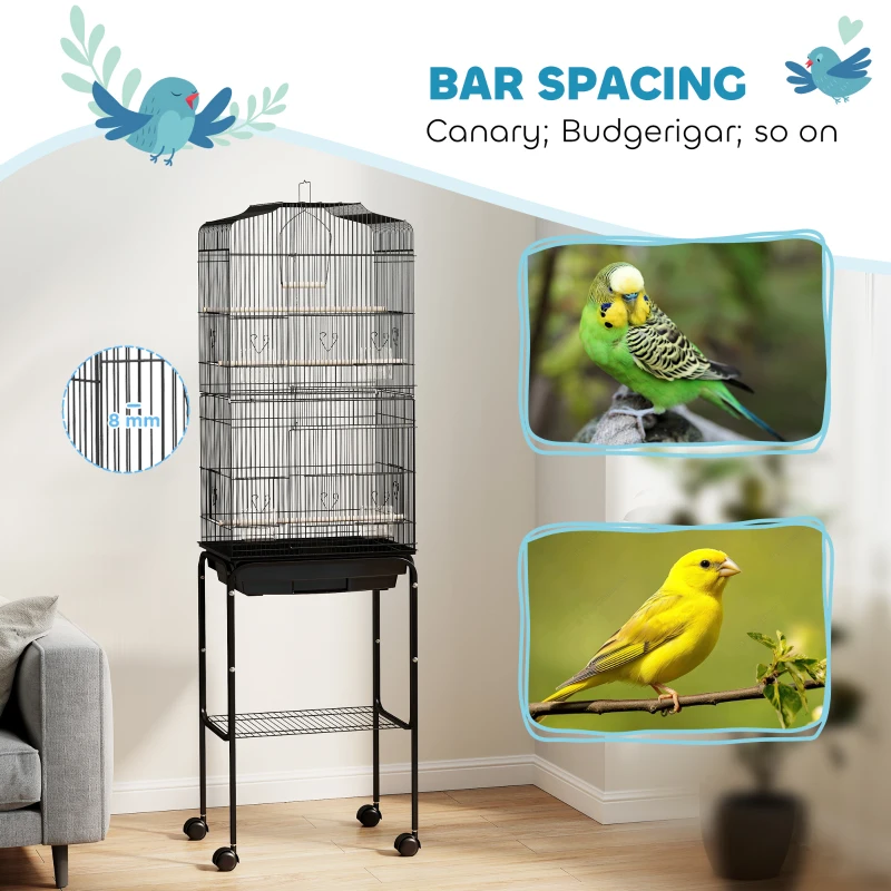 PawHut Bird Cage for Finch Budgie Cage with Stand Wheels, Slide-out Tray, Accessories, Storage Shelf, Black 46.5 x 36 x 157 cm