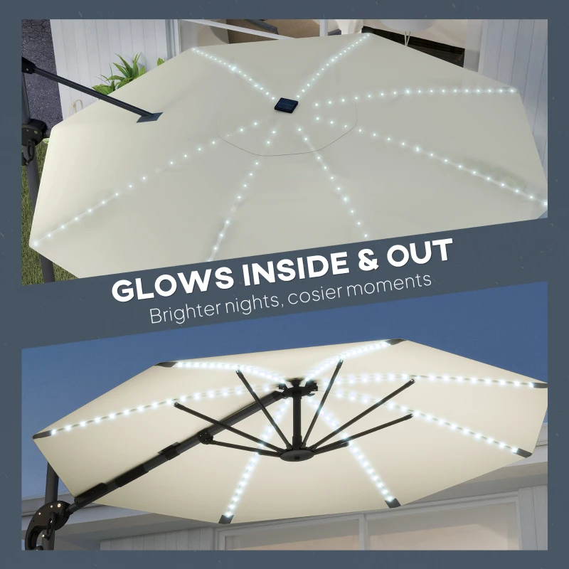 Outsunny 3(m) Cantilever Garden Parasol with Solar Powered Lights, Crank Handle & Cross Base, UPF 50+, 360° Rotation, Cream