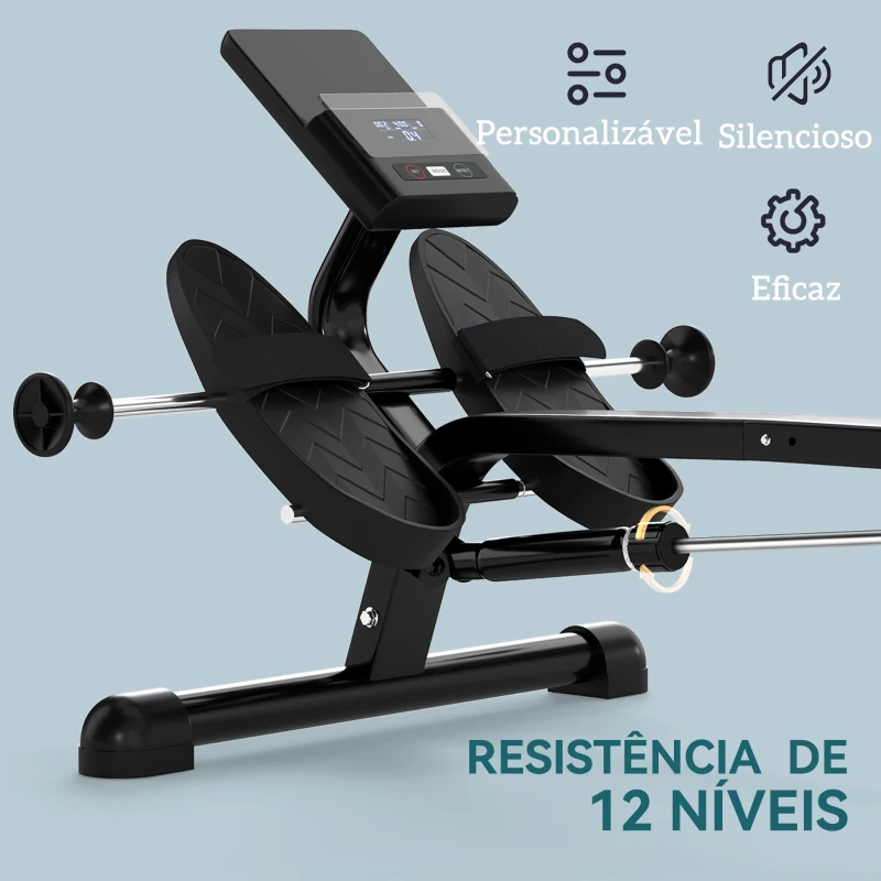 SPORTNOW Máquina de Remo para Casa 12 Níveis de Resistência Hidráulica e Ecrã LCD 138x62x50 cm Preto