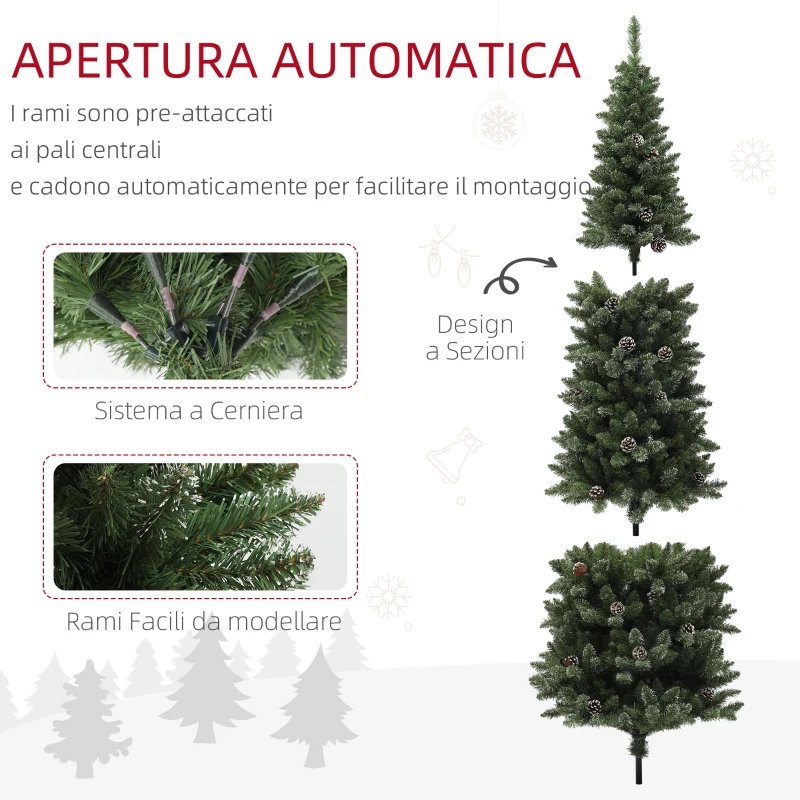 HOMCOM Albero di Natale Innevato Alto 225 cm con 980 Rami, Pigne e Base in Acciaio
