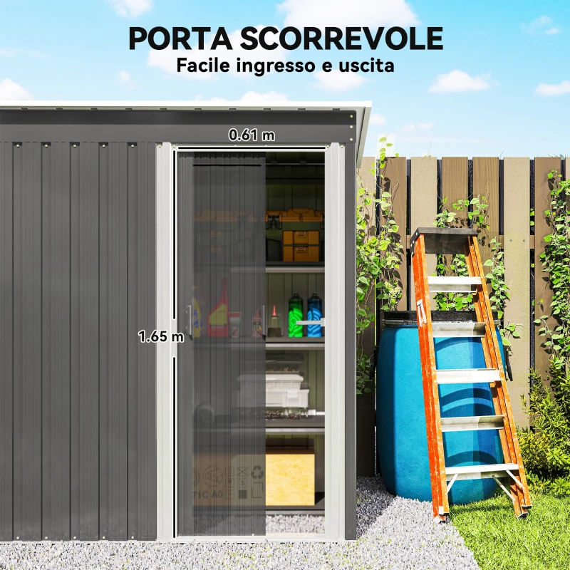 Outsunny Capanno Attrezzi con Tetto Inclinato e Porta Scorrevole, in Acciaio e PP, 163x89x182 cm, Grigio Chiaro