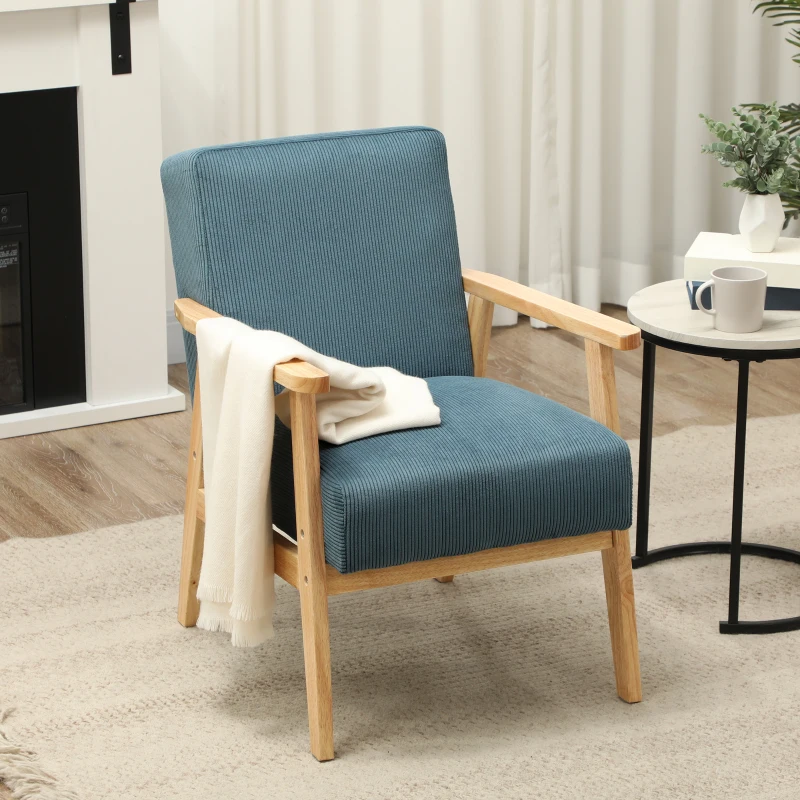HOMCOM Fauteuil salon fauteuil 1 place style moderne du milieu du siècle tissu en velours côtelé 59 x 67 x 79,5 cm bleu
