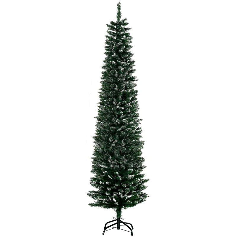 HOMCOM Albero di Natale Slim con 570 Rami, Albero di Natale Innevato Artificiale Alto e Stretto con Base Rimovibile e Pieghevole, Φ53x190cm, Verde