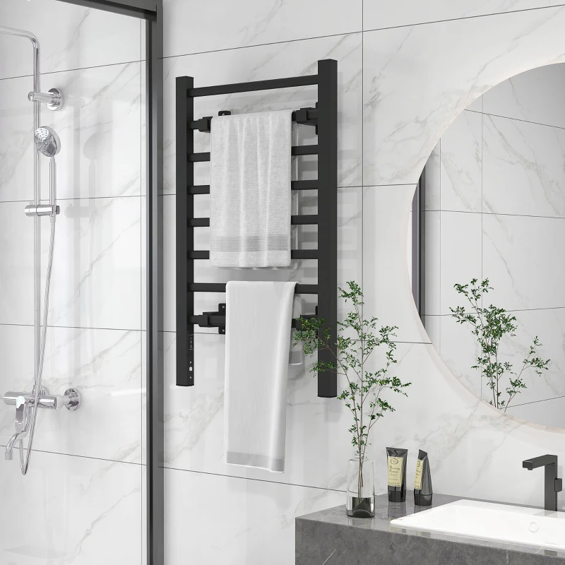 HOMCOM Elektrischer Handtuchwärmer, Wand- oder Standmontage, 8 Stangen, 2/4-Stunden-Timer, Aluminiumlegierung, 53x35x90cm, schwarz