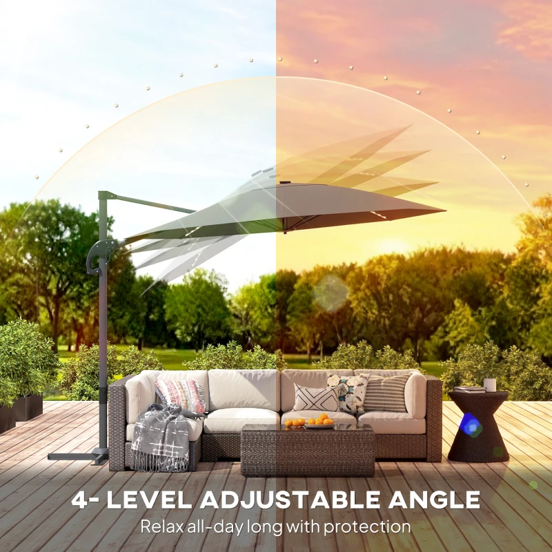 Outsunny 3(m) Cantilever Garden Parasol with Solar Powered Lights, Crank Handle & Cross Base, UPF 50+, 360° Rotation, Dark Grey