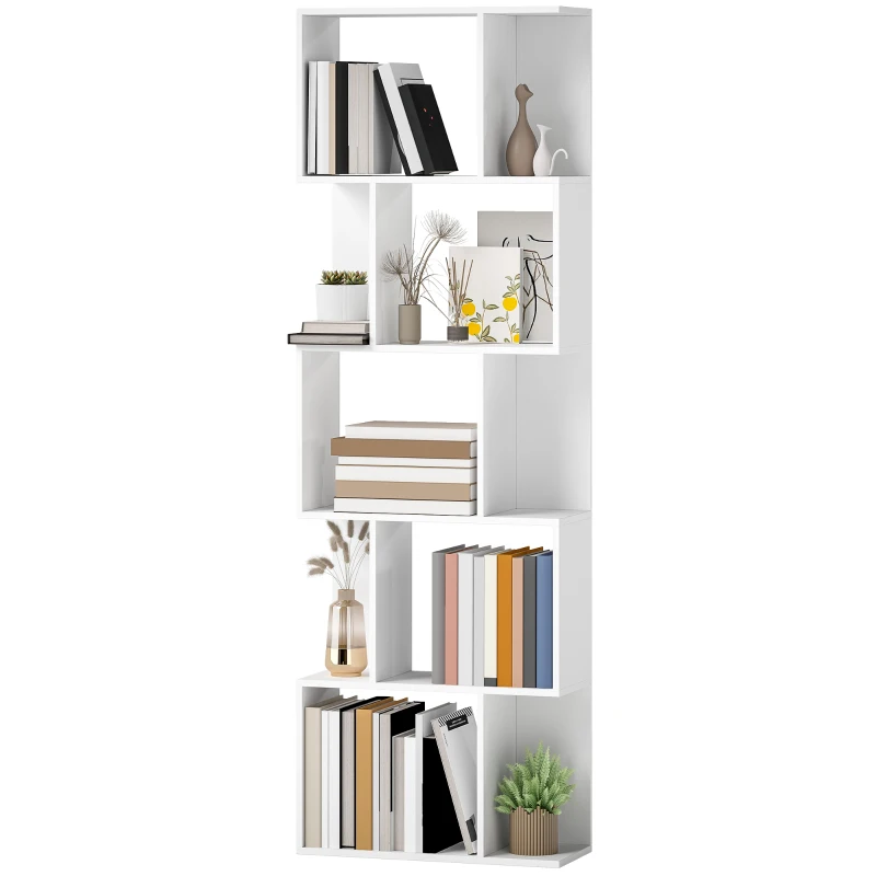HOMCOM Bookcase, S-Shaped Wooden Bookshelf, 5 Tiers Freestanding Storage Shelf, Home Office Display Stand Rack, White