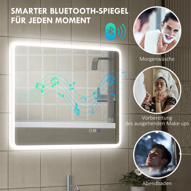HOMCOM LED-badkamerspiegel met Bluetooth 70 x 90 cm, aanraakschakelaar, verstelbaar licht, 3 kleuren, anti-condens, geheugen, zilver