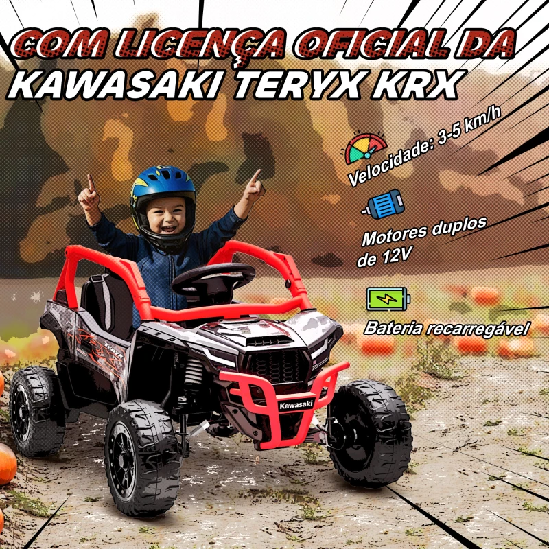 AIYAPLAY Carro Elétrico para Crianças 12V Kawasaki Teryx KRX 1000 com 2 Motores Faróis e USB 100x64x56 cm Vermelho