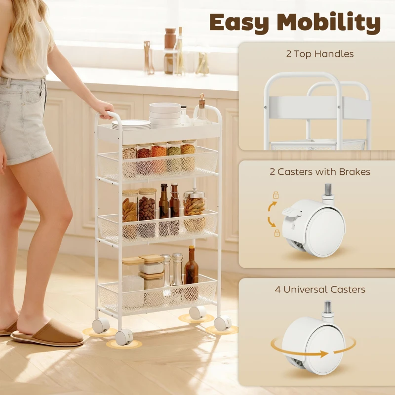 HOMCOM Keukenwagen van metaal, 3 manden, smal ontwerp, 4 wielen, voor keuken, woonkamer, badkamer, wit