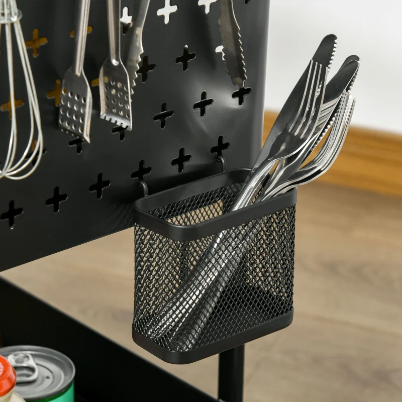 HOMCOM Desserte chariot de rangement pour bureau en métal chariot de service à roulettes 3 niveaux avec 2 range-couverts 4 crochets dim.51,5L x 32l x 75,6H cm - noir