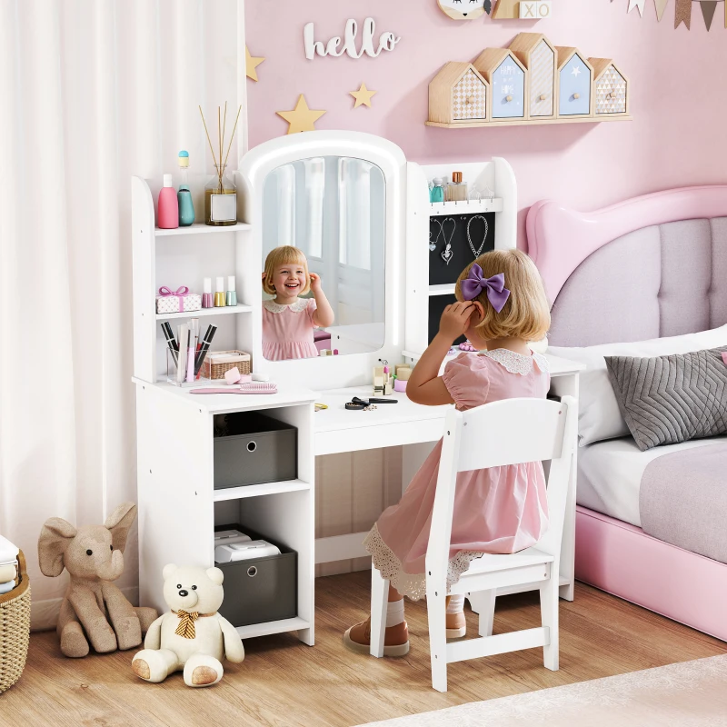 AIYAPLAY Coiffeuse pour enfants avec tabouret et miroir LED, table de maquillage pour 3 à 8 ans, 104 x 40 x 112 cm, blanc