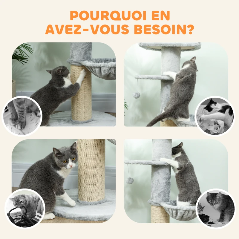 PawHut Arbre à chat tonneau à gratter pour chats griffoir en sisal, hamac, plateforme, balle jouet, Ø 48 x 103,5 cm, gris clair